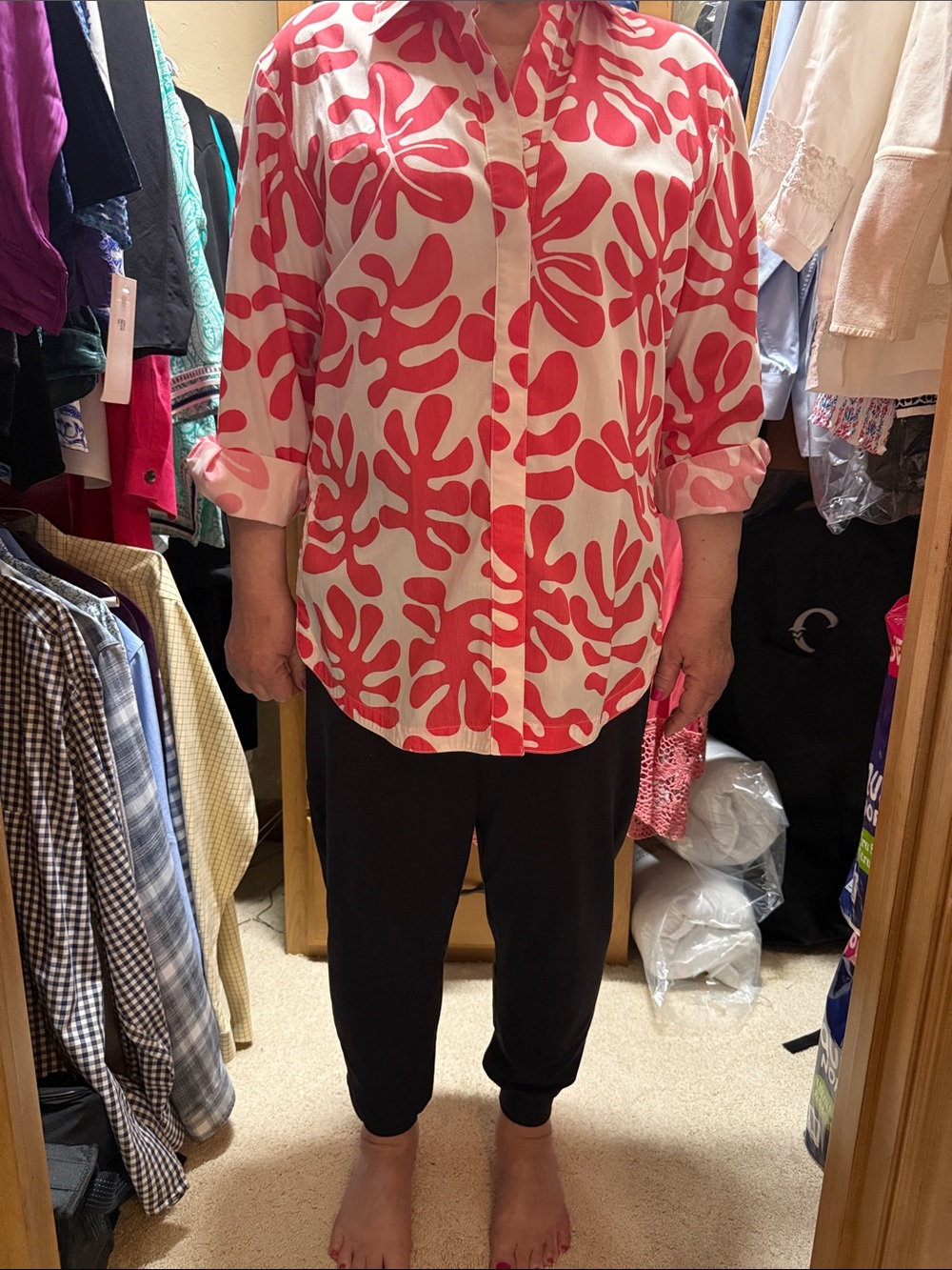 Finley White Button-Down Shirt with Coral Pink Abstract Print